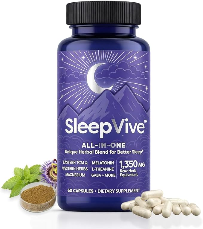SleepVive - Herbal Natural Sleep Aid - All in One - Sleep Supplement with Melatonin L-Theanine GABA Valerian Root Passionflower Holy Basil | Support for Stressful Symptoms