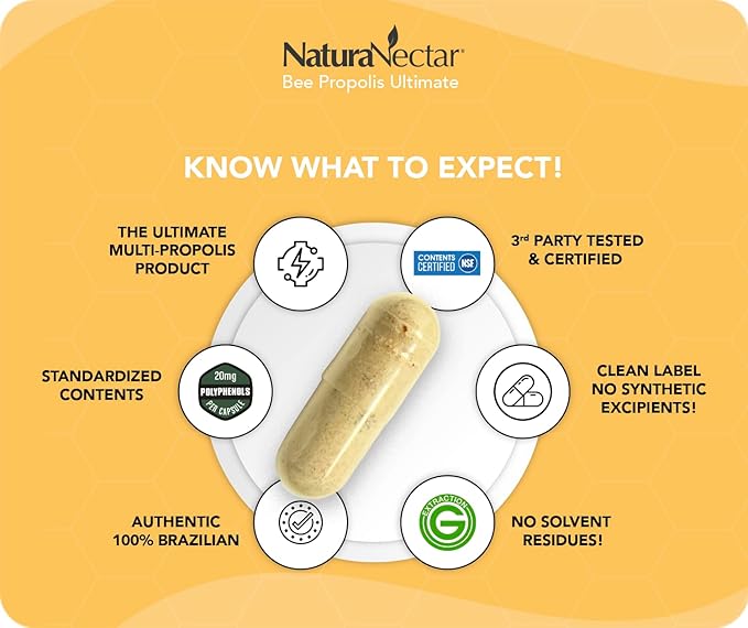 NaturaNectar - Ultimate Bee Propolis Capsules - NSF Contents Certified -Brazilian Red Brown &amp Green - Gluten-Free Supplement with Flavonoids - Naturally Sourced Through Ethical Beekeeping (60pcs