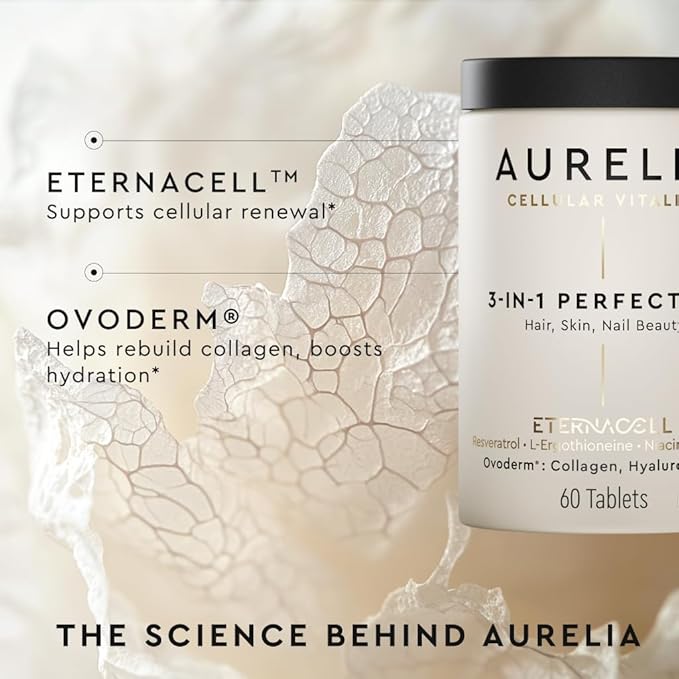 AURELIA 3-in-1 Perfection | Advanced Cellular Anti-Aging Supplement | Boost Collagen Production &amp Strengthen Hair Skin Nails | with Zinc Resveratrol Niacinamide &amp Ergothioneine
