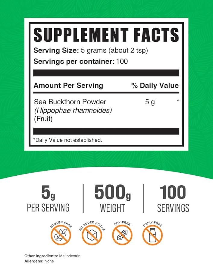 BulkSupplements.com Sea Buckthorn Powder - Omega 7 Supplement Superfood Powder Sea Buckthorn Berry Supplement - Vegan &amp Gluten Free 5g per Serving 500g (1.1 lbs) (Pack of 1)