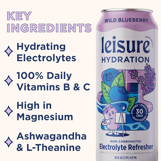 Leisure Hydration Non-Carbonated Electrolyte Refresher Wild Blueberry Flavor - Low Sugar Nutrient Enhanced Water Beverage - Get The Best Hydration Packed w/ Magnesium &amp Ashwagandha For Mood &amp