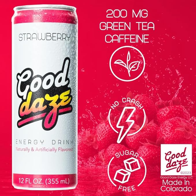 Good Daze Energy Drink with 200mg of Caffeine from Tea Sugar Free B Vitamins L-Theanine Pre Workout Performance with Antioxidants Strawberry 12FL OZ Cans (Pack of 12)