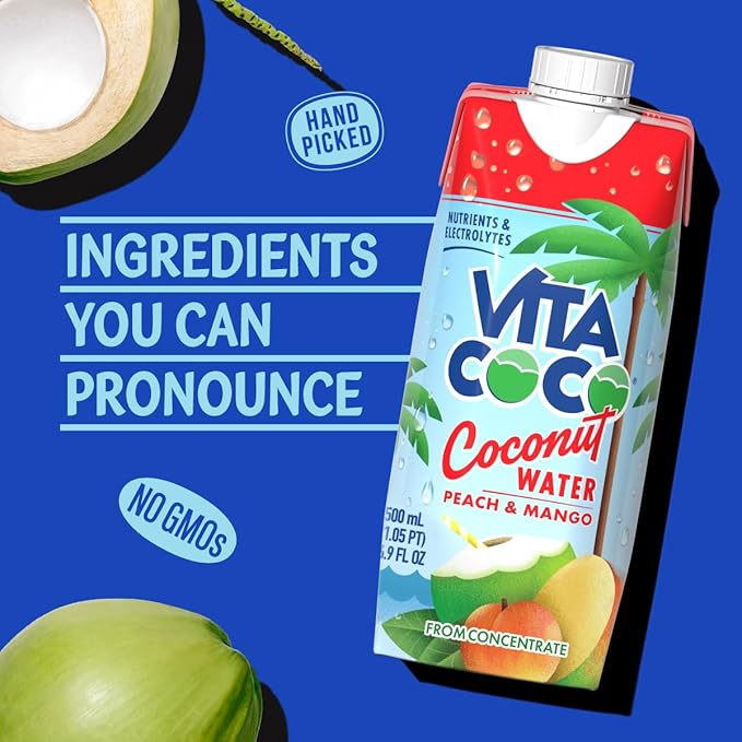 Vita Coco Coconut Water Peach &amp Mango - Naturally Hydrating Electrolyte Drink - Smart Alternative to Coffee Soda and Sports Drinks - Gluten Free - 16.9 Fl Oz (Pack of 12)