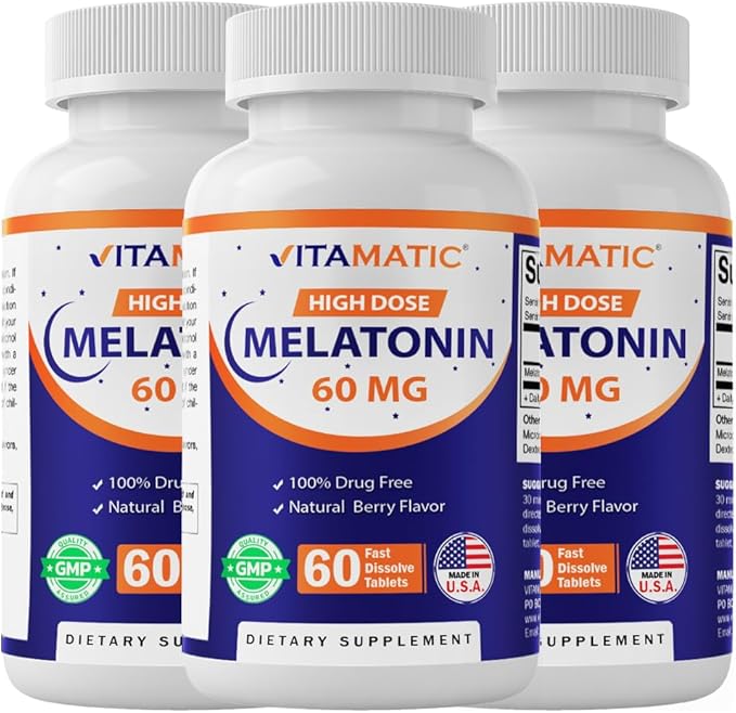 Vitamatic Melatonin 60 mg Fast Dissolve Tablets - 60 Vegan Natural Berry Flavor Tablets - Non-Habit Forming - Non-GMO Gluten Free (3 Bottles)