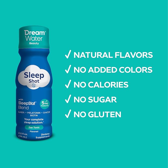 Dream Water Beauty Sleep Aid Drink Supplement Melatonin 5mg GABA 5-HTP Plus Biotin for Healthy Skin Hair and Nails 2.5 oz Liquid Sleep Shots Zen Tonic 12-Count