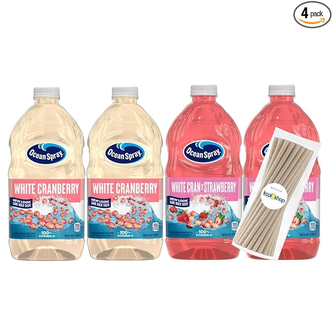 Ocean Spray White Cran Strawberry and White Cranberry Juice Drink 64 fl oz Plastic Bottles 4 Pack + 15 Sugarcane Disposable Straws by KOOL8SHOP Infinite Deals