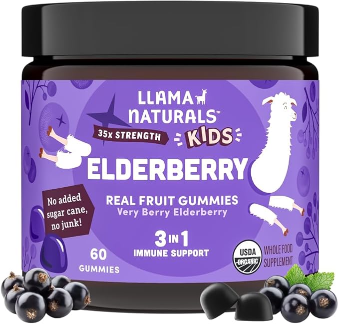 Llama Naturals Elderberry Gummies for Kids Vegan Organic Immune Support Supplement with Vitamin C and Zinc Toddler Real Fruit Gummy Vitamins for Immunity Chewable No Added Sugar Cane 60 Ct