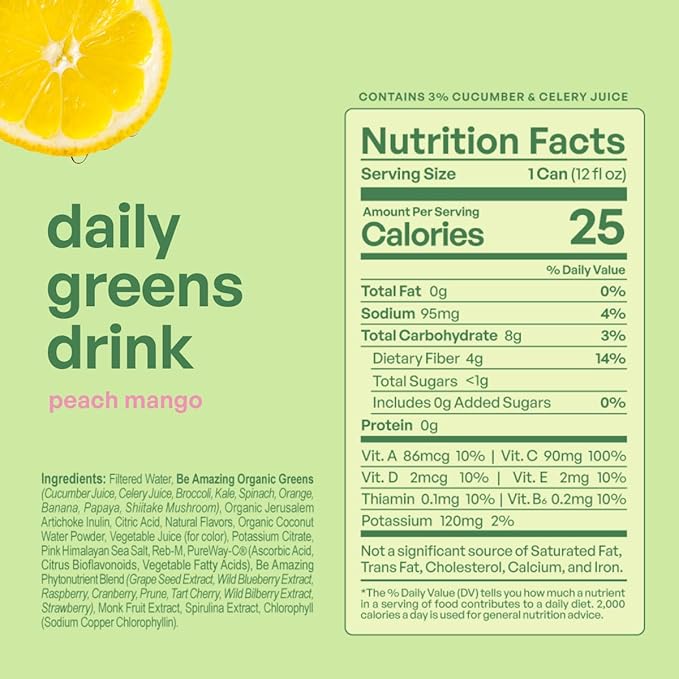 Be Amazing Greens Drink Pink Lemonade Vitamin Drinks With 10 Organic Fruits and Vegetables Coconut Water Vitamin C and Prebiotic Fiber 25 Calories Low Sugar Vegan and Gluten Free 8 Pack