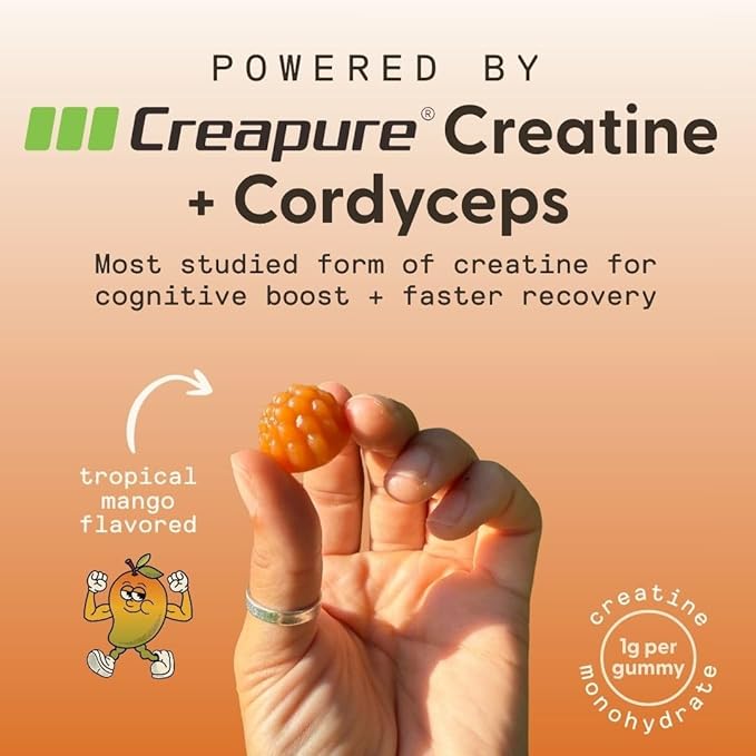 SuperMush Daily Creatine Gummies with Cordyceps - Daily Superfood - Sugar Free Creatine Monohydrate Supplement for Strength Focus and Recovery – Vegan Gummy Formula Mango Flavor 20-Day Supply
