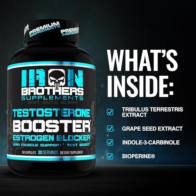 Iron Brothers Men’s Testosterone Support Supplement – I3C (Indole-3-Carbinol) Tribulus Terrestris &amp Grape Seed Extract – Metabolic &amp Performance Support Formula – 60 Vegan Capsules – 30 Day S