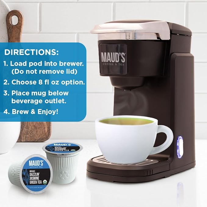 Maud's Organic Jasmine Green Tea Pods 48 ct Single Serve Tea Pods – 100% Gourmet Blended Tea Leaves Compatible with Keurig K Cups Maker
