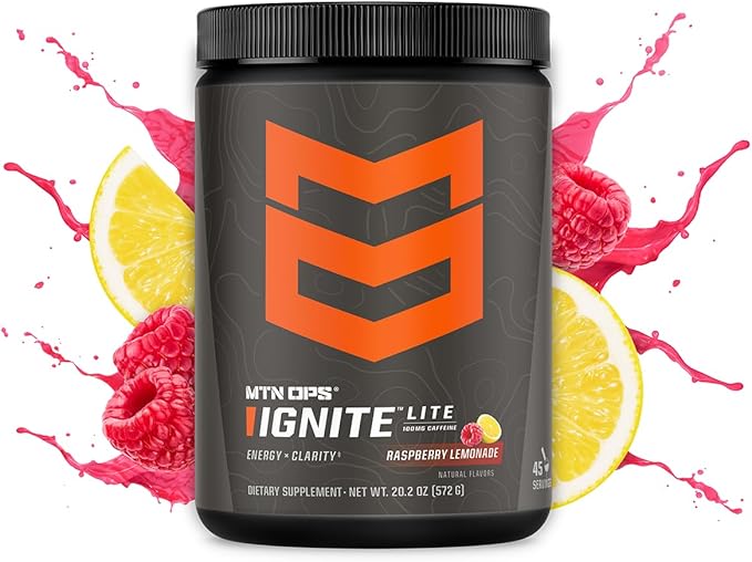 MTN OPS Ignite Lite Energy Drink Powder Gluten Free Nitric Oxide Supplement Drink Mix L Arginine L Citrulline Caffeine &amp Nootropic Sugar Free Drink Mix 45 Servings Raspberry Lemonade