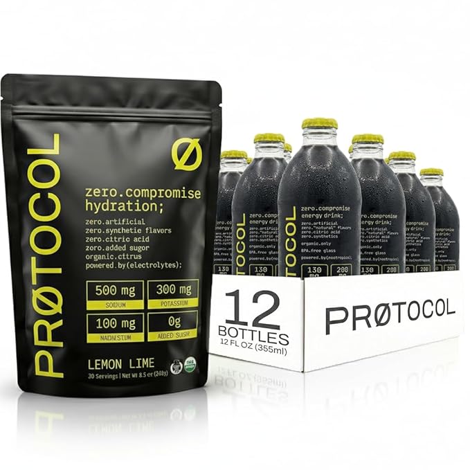 Protocol Organic Energy &amp Hydration Bundle — 12-Pack Clean Energy Drink (Glass Bottles) + Organic Electrolyte Powder (Lemon Lime) | No Artificial Sweeteners No Citric Acid
