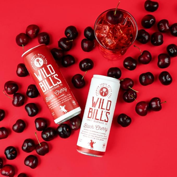 Wild Bill's Black Cherry Soda Classic Craft Soda Pop Soft Drinks Sodas Made with Pure Cane Sugar Caffeine Free NO High Fructose Corn Syrup Gluten Free Vegan Low Sodium 12 Oz 12 Pack