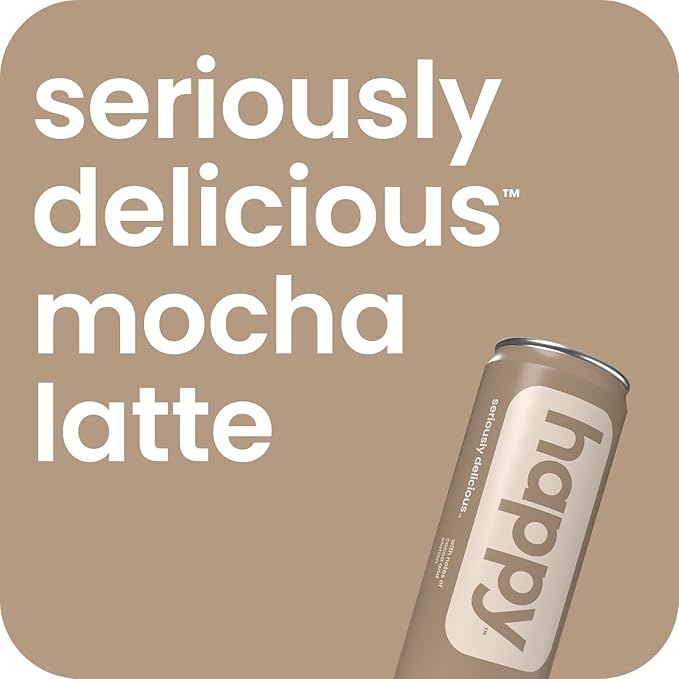 happy coffee canned mocha latte 11 oz. cans 12 pack notes of cocoa &amp elation 100% arabica beans no artificial flavors or sweeteners