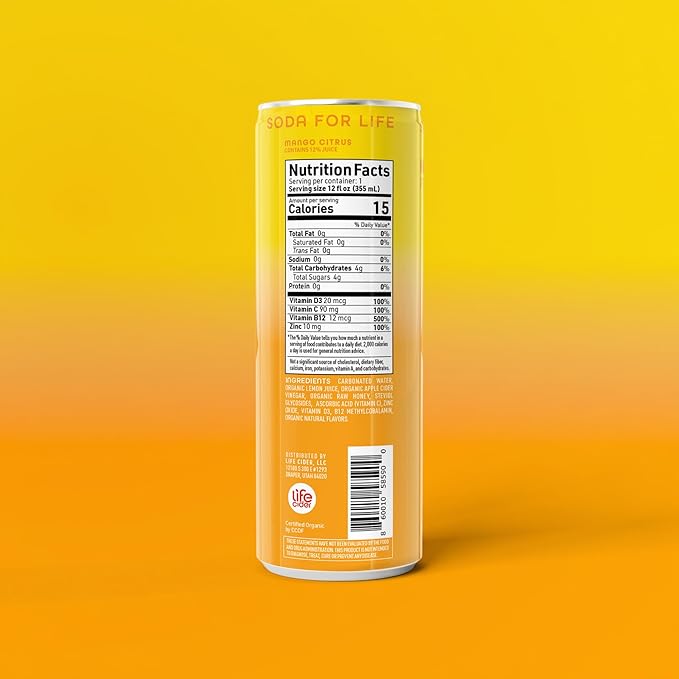 Life Cider Mango Citrus Flavored Apple Cider Vinegar Soda 12 Pack Organic Sparkling AVC Drink Natural Flavors Promotes Gut Health Vitamins C B12 Zinc D3