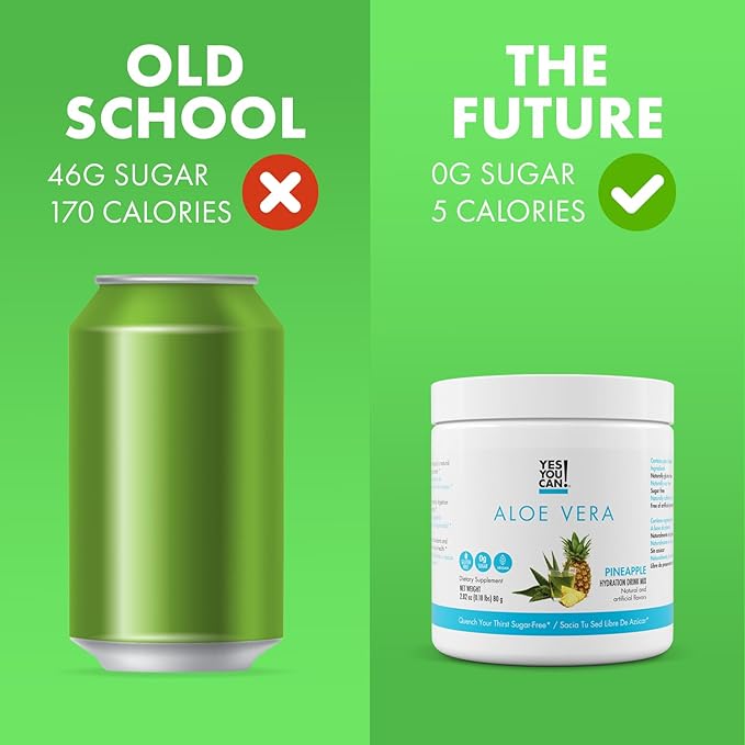 Yes You Can! Aloe Vera Powder Drink Mix - Hydration Booster Infused with Pure Organic Aloe Vera Extract - Delicious Flavors - Made in USA - Antioxidant Rich - Pineapple Flavor - 40 Servings Per Canist