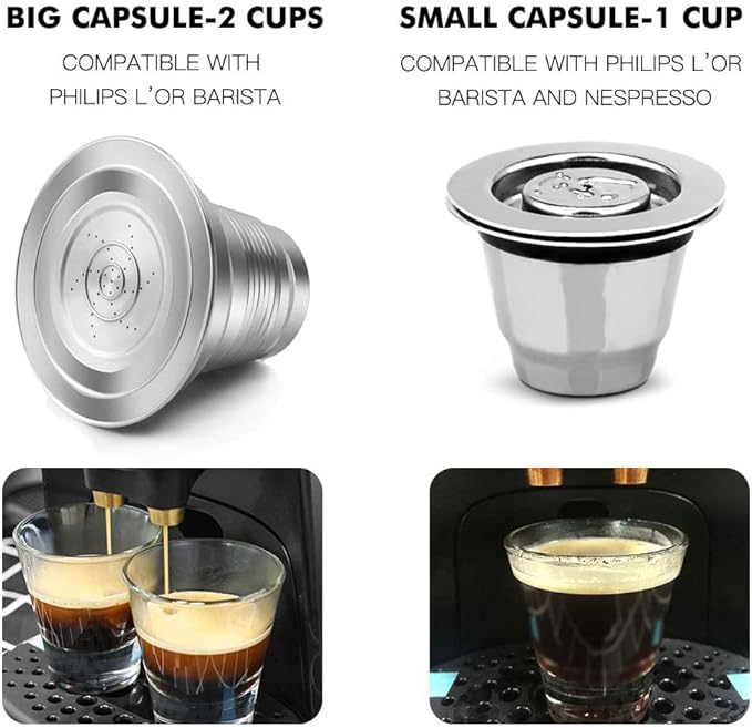 2 Pcs Reusable Stainless Steel Coffee Capsules Compatible with L'OR Barista LM8012 / 60 Refillable Coffee Pods Metal L'or Espresso Pods(Big &amp Small)