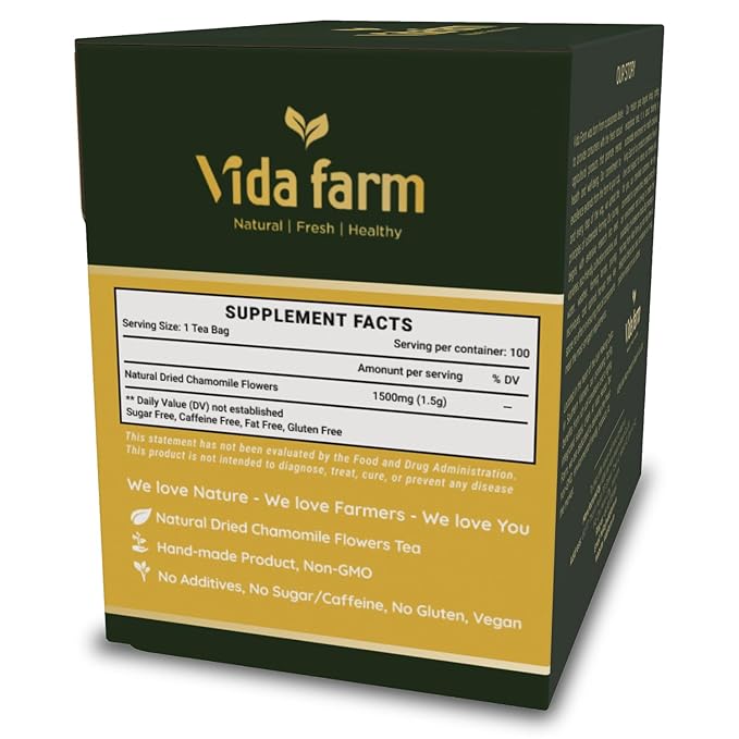 VIDA FARM 100 Chamomile Tea Bags Natural Chamomile Flowers Tea Bags Dried Herbal Flowers Sugar Free Caffeine Free Gluten Free