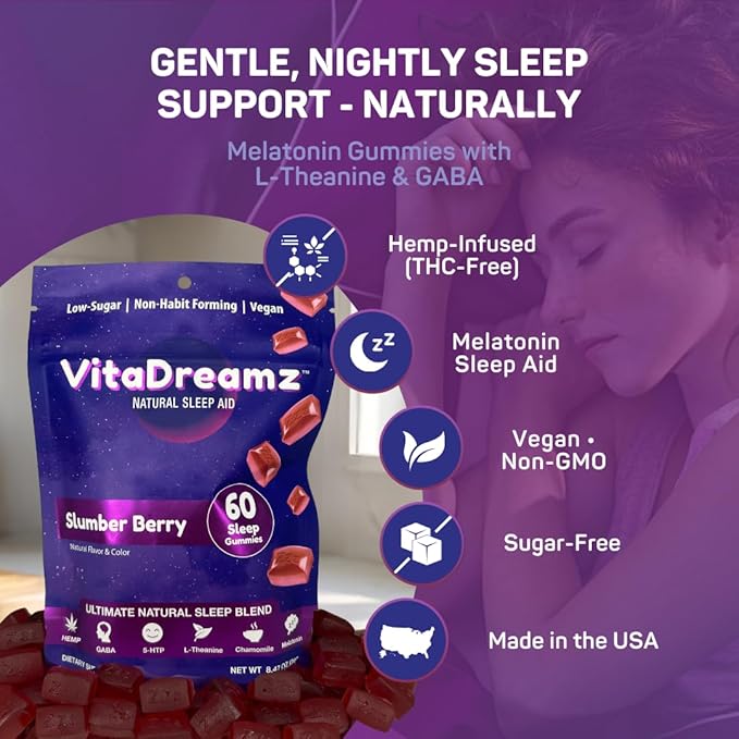 Premium Melatonin Sleep Gummies | Advanced Nighttime Blend with GABA L-Theanine &amp Chamomile | Slumber Berry Vegan Gummies for Calm Relaxation &amp Restful Sleep | 60 Count