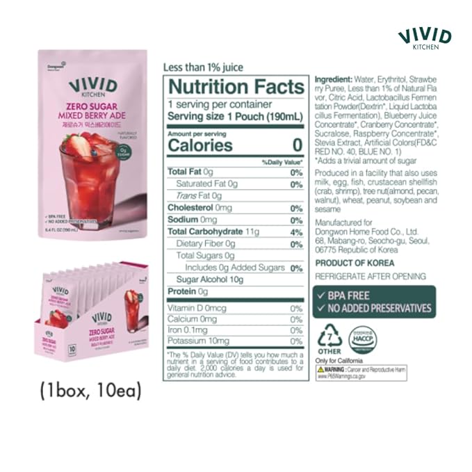VIVID KITCHEN | Mixed Berry Ade Pouch drinks – Zero Sugar Zero Calories | Korean Convenience Store Drink | No Artificial Preservatives or Corn Syrup | 6.4 fl oz (10 Pouches) (10 Pouch Mixed Berry Ad