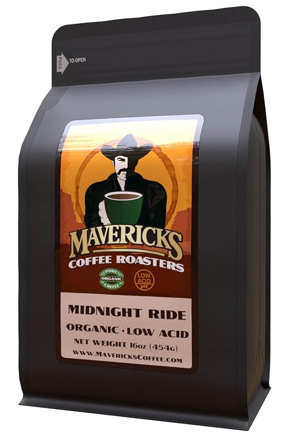 Midnight Ride Blend | 90% Less Acid | Low Acid Coffee 100% Organic ingredients| Bold Roast - - Whole Bean 1lb
