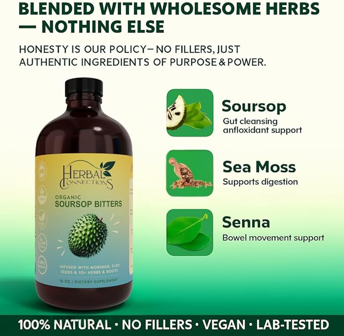 Organic Soursop Bitters Liquid with Moringa and Aloe Vera - Infused with 10+ Herbs - 16 Ounces Vegan Blend