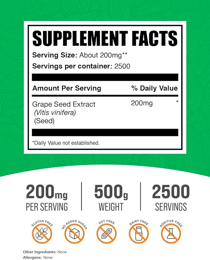 BulkSupplements.com Grape Seed Extract Powder - Antioxidant Supplement Herbal Supplement - Vegan &amp Gluten Free 200mg per Serving 500g (1.1 lbs) (Pack of 1)