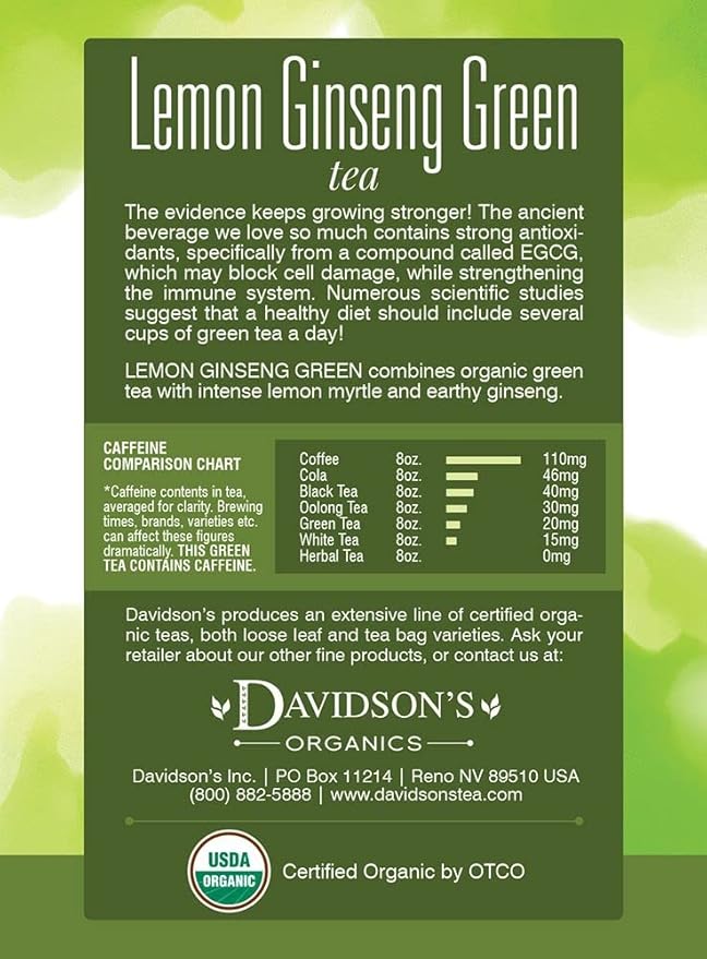 Davidson's Organics Lemon Ginseng Green 8-count Tea Bags Pack of 12