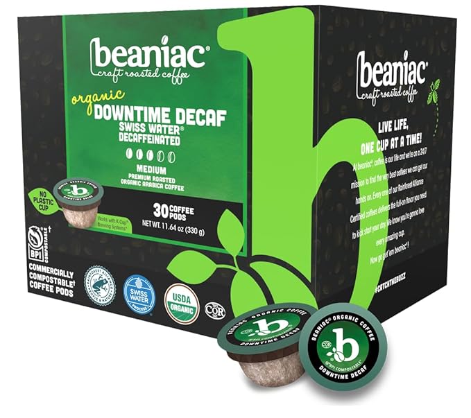 beaniac Organic Downtime Decaf Swiss Water Decaffeinated Medium Roast Single Serve Compostable K Cup Coffee Pods Organic Arabica Coffee Keurig Brewer Compatible 30 Count