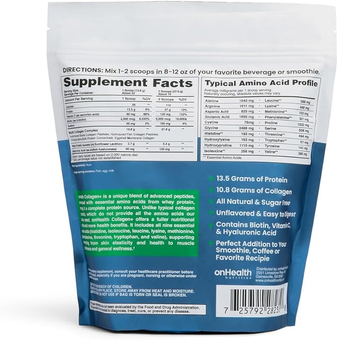 onHealth Multi Collagen Peptide Powder Types I II III V &amp X Complete Protein with All 9 Essential Amino Acids Biotin Hyaluronic Acid &amp Vitamin C Unflavored Easy‑Mix Collagen for Women &am