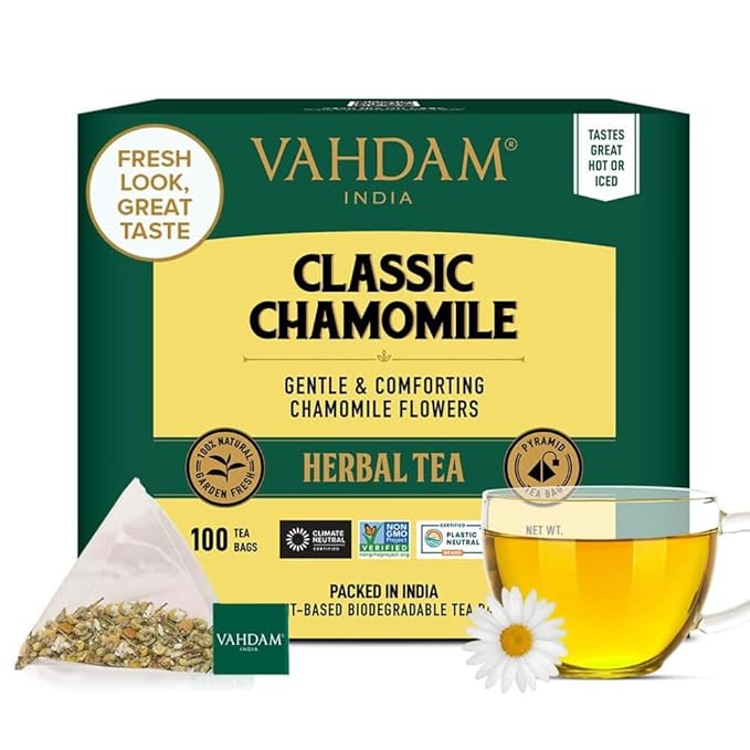 VAHDAM Chamomile Herbal Tea (100 Pyramid Tea Bags) Resealable Ziplock Pouch | Caffeine Free Non GMO Gluten Free | 100% Pure Tisane - Sweet &amp Floral | Made With Natural Chamomile Flowers