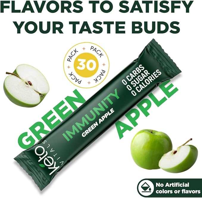 Keto Vitals Immunity Sugar Free Electrolytes Powder with Vitamin C Ginger Turmeric &amp Elderberry - Boost Your Immune System and Rehydrate Your Body - Green Apple Flavor 30 Count