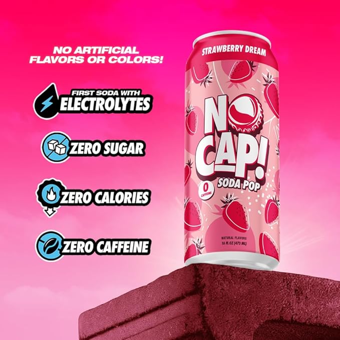 NO CAP! Next Gen Soda Pop with Zero Sugar Zero Calories and Electrolytes for Hydration Naturally Flavored Caffeine-Free Soda Vegan &amp Gluten-Free 16 oz Cans (Strawberry Dream)