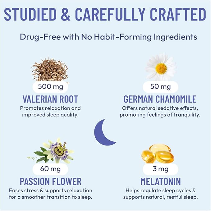 Somulin Nighttime Complex Sleep Aid - Powerful All-Natural Maximum Strength Formula - Fall Asleep &amp Stay Asleep - Feel Rested &amp Refreshed - Melatonin Valerian Root Chamomile &amp 5-HTP - 60