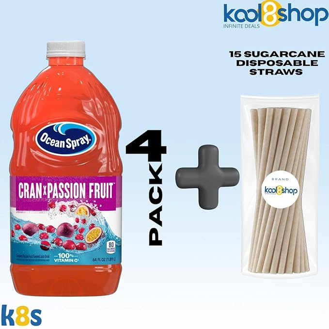 Ocean Spray Passion Fruit Fruit Juice Drink 64 fl oz Plastic Bottle 4 Pack + 15 Sugarcane Disposable Straws by KOOL8SHOP Infinite Deals