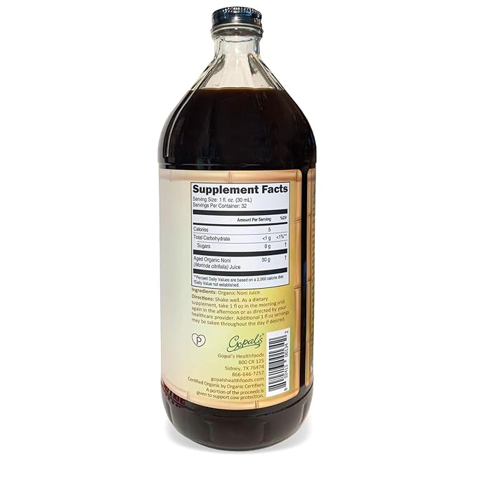 Noni One | 100% Pure Organic Noni Juice - 32oz Glass Bottle (1 qt) | Gluten-Free and Vegan Superfruit Supplement 30 grams of Noni Juice Per Serving Vitamin and Antioxidant Rich | Gopal's Healthfoods