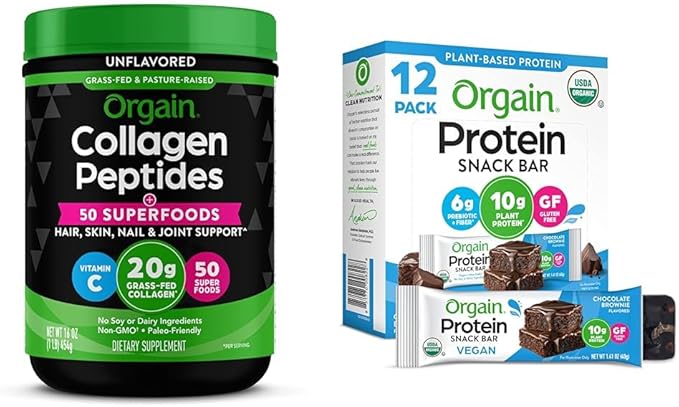 Orgain Hydrolyzed Collagen Powder + 50 Organic Superfoods 20g Grass Fed Collagen with Vitamin C Unflavored Organic Vegan Protein Bars Chocolate Brownie - 10g Plant Based Protein Bundle