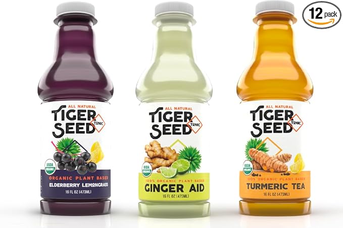 Ginger Aid Turmeric Tea and Elderberry Lemongrass - Tiger Seed Beverage Variety Pack - Plant Based Hydration &amp Immune Support - 16 FL OZ Bottles (Pack of 12) Organic Vegan Kosher
