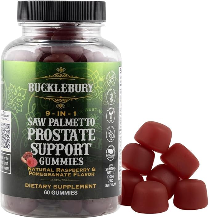 BUCKLEBURY 9-in-1 Natural Saw Palmetto Gummies with Raspberry &amp Pomegranate Flavor - Plant-Based Prostate Support Supplements for Mens Bladder Health Hair Growth &amp Urinary Support - 60 Gummie