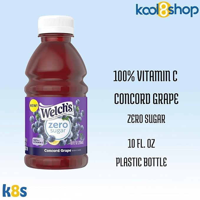 Welch's Zero Sugar Concord Grape Juice Drink 10 fl oz Plastic Bottle 24 Pack + 2 Reusable Snack Bags by KOOL8SHOP Infinite Deals
