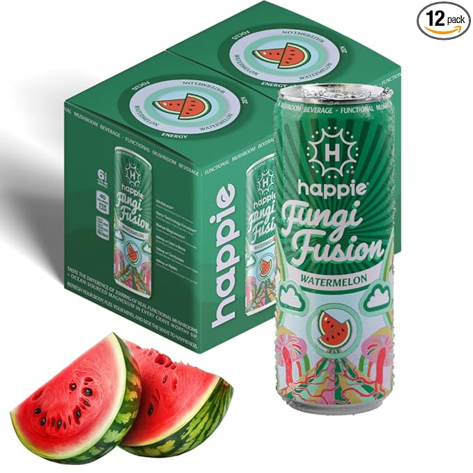Happie Fungi Fusion Watermelon – Sparkling Mushroom Drink with Lion's Mane (900mg) Cordyceps &amp Reishi – Caffeine-Free Functional Beverage Zero Sugar Vegan Adaptogen Soda Alternative (12 Pack)