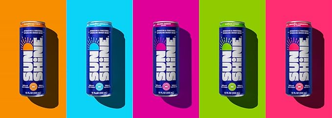 Sunshine Sparkling Energy Drink Black Cherry with Daily Essential Vitamins 360mg of Electrolytes 70mg of Natural Caffeine 12 Fl Oz (Pack of 12)