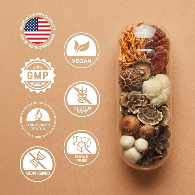 Vital 10-in-1 Mushroom Supplement Complex – High Potency Lion’s Mane Cordyceps Reishi &amp Turkey Tail Capsules – Nootropic Brain Support for Memory Focus &amp Energy – 30 Day Supply