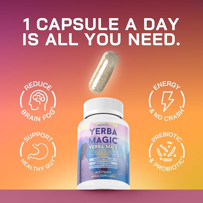 Yerba Magic Yerba Mate Capsules - 100% Pure Extract High Potency Energy &amp Focus - 75mg Clean Caffeine Yerba Mate Pill No Jitters No Fillers - Unsmoked South American Sourced - 60 Day Supply