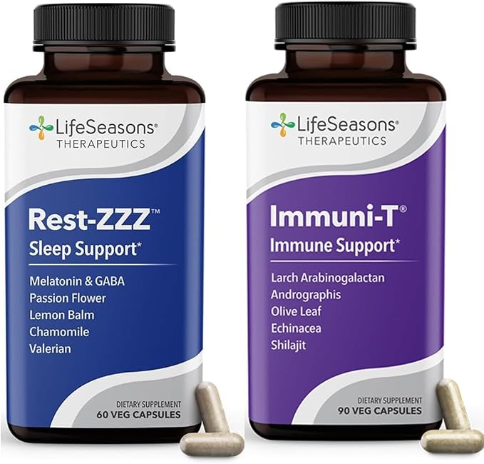 LifeSeasons Rest-ZZZ + Immuni-T Bundle – Natural Sleep &amp Immune Support – Fall Asleep &amp Stay Asleep Boost Immunity &amp Defend Against Cold &amp Flu – Melatonin Chamomile – 60 Capsules &am