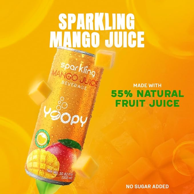Yoopy Sparkling Mango Juice – 12-Pack (10.82 fl oz Cans) – 55% Mango Juice – No Added Sugar – Natural Hydration with Tropical Flavor – Ideal for Refreshing Moments