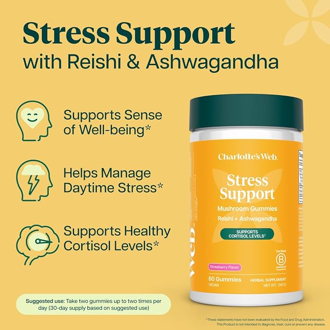 Charlotte's Web Stress Support Mushroom Gummies w/Reishi Ashwagandha Rhodiola Rosea Supplement — Natural Supplement — Strawberry-Flavored Ashwagandha Gummies (30 Servings)
