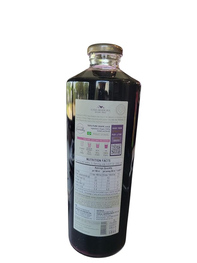 Suco Tinto de Uva Integral Brasileiro Casa Madeira 1L | Pack of 2x1L | 100% Brazilian Grape Juice