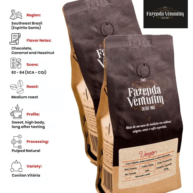 Fazenda Venturim - Roast Ground Coffee – Brazilian Specialty Medium Roast Low Acidity Bold Flavor &amp Rich Aroma Full-Bodied Chocolate &amp Hazelnut Natural Notes 1.1 pond Bag (500g)